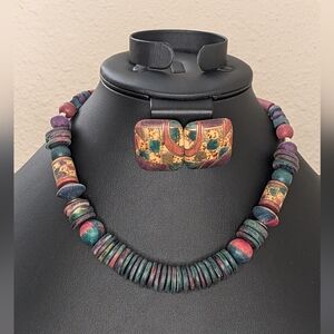 Vintage Wooden Beaded Necklace & Earrings Set - Handpainted & Unique!
